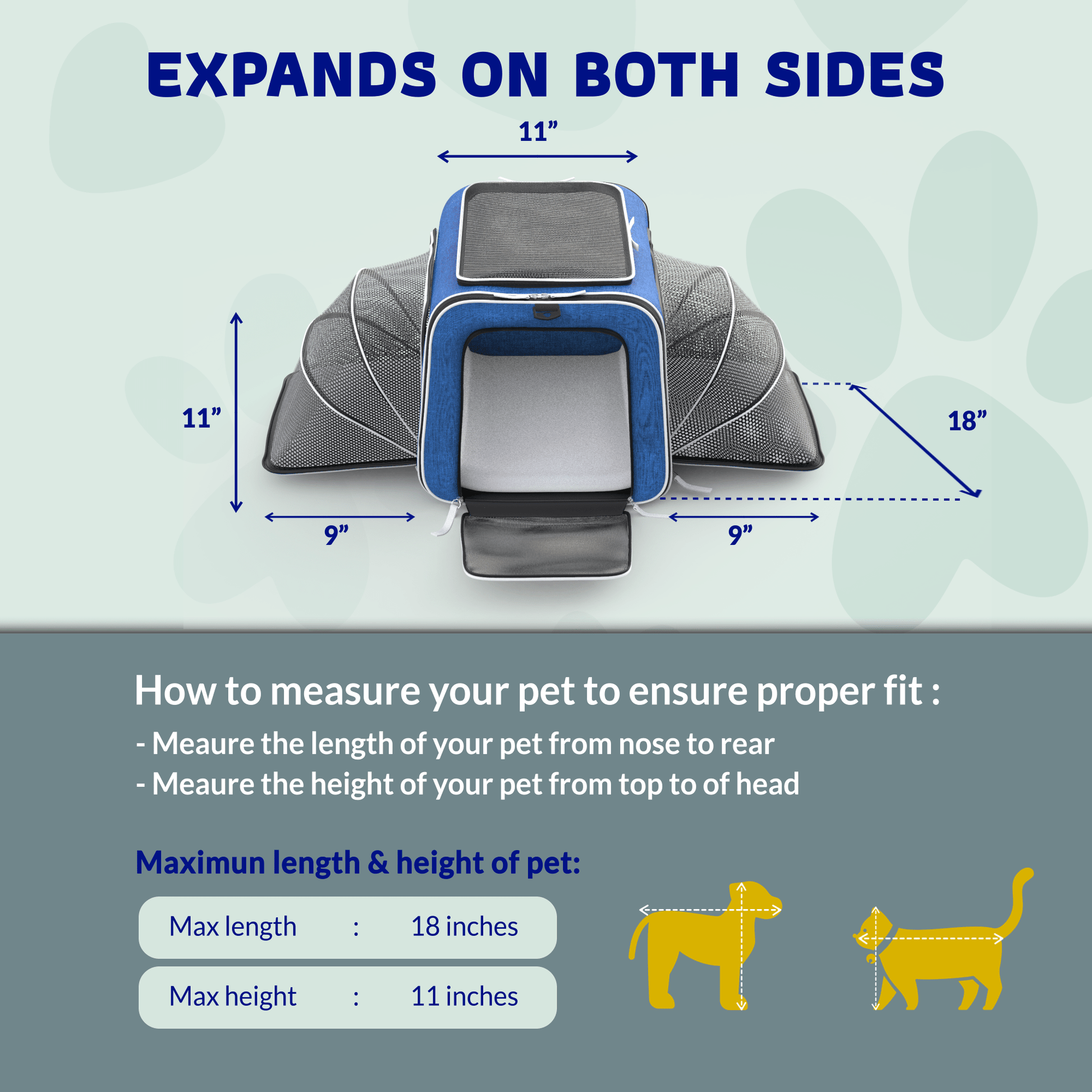 Expandable pet carrier expanded on both sides, blue fabric, includes pet size measurement chart