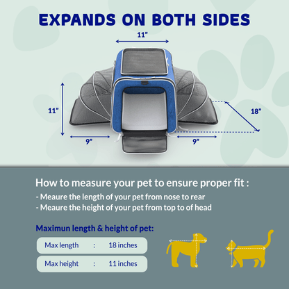 Expandable pet carrier expanded on both sides, blue fabric, includes pet size measurement chart