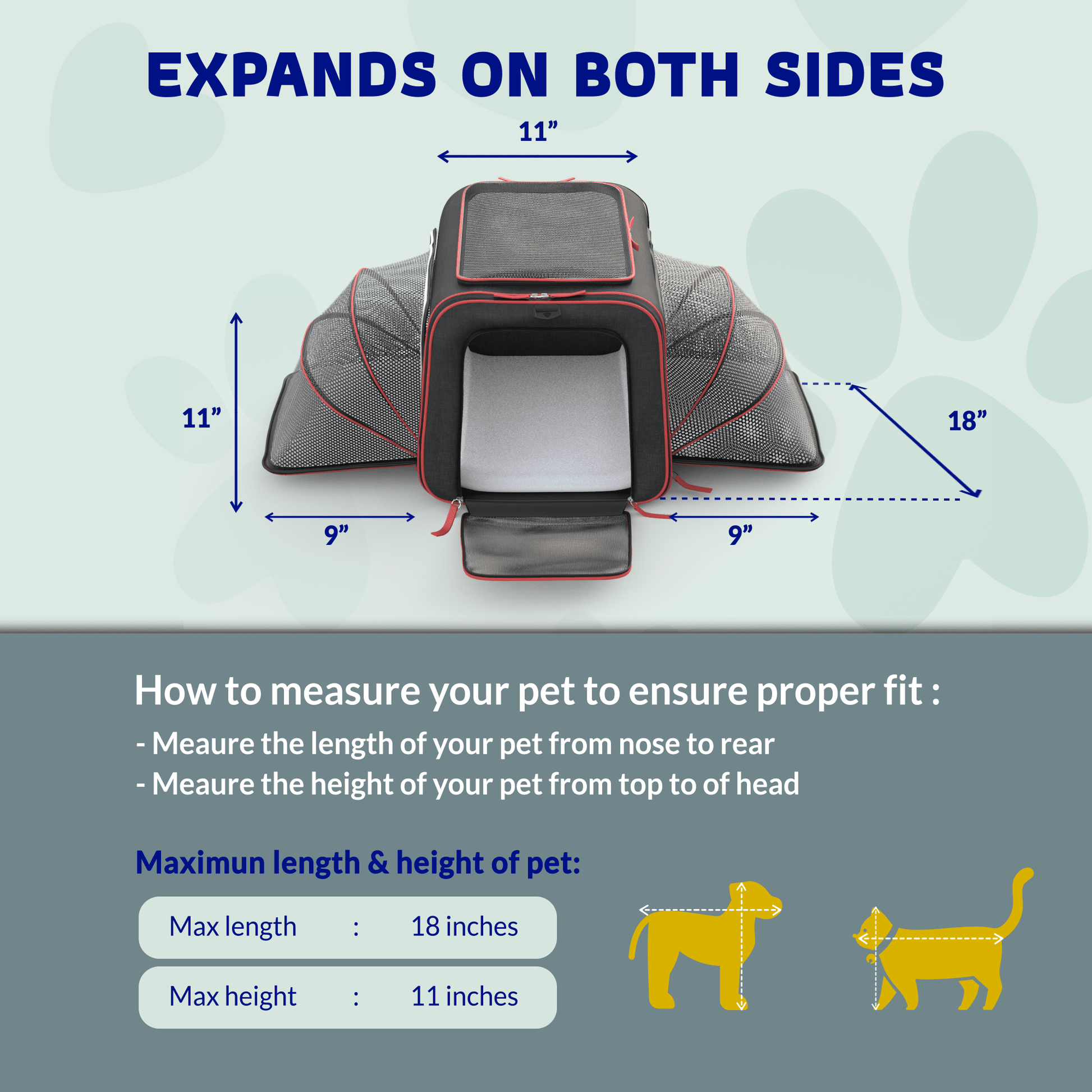 Expandable wheeled pet carrier showing pet measurement guidelines and expansion on both sides