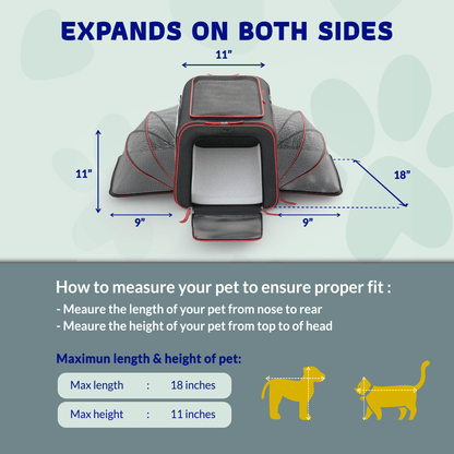 Expandable wheeled pet carrier showing pet measurement guidelines and expansion on both sides