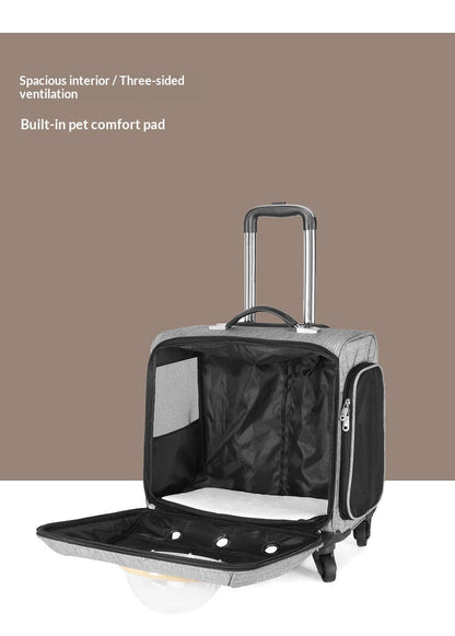 Light gray rolling pet carrier with front zipper open to reveal mesh interior