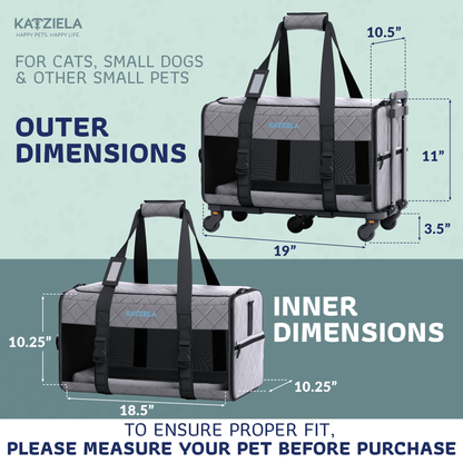 Quilted pet carrier with telescopic handle and removable wheel base, black and dark gray