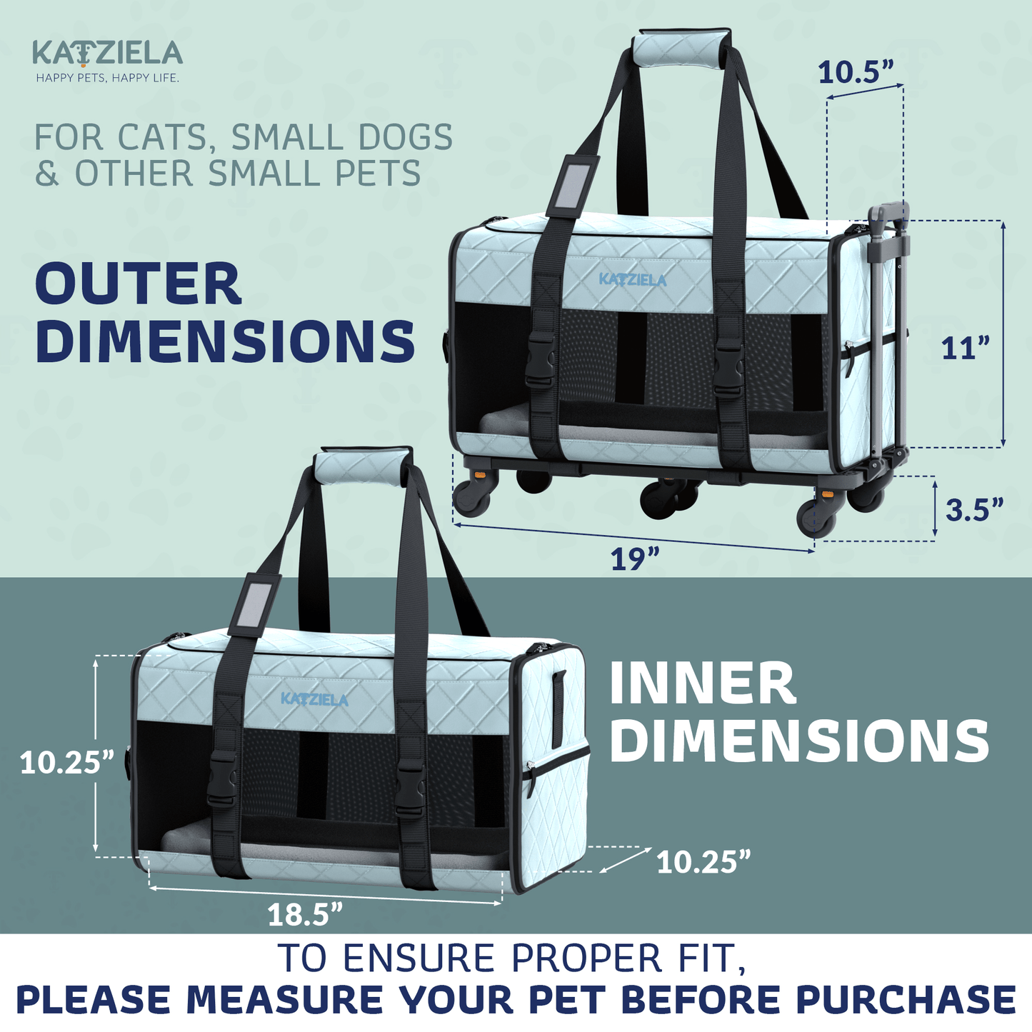 Quilted pet carrier with telescopic handle and rolling wheels, light blue and gray