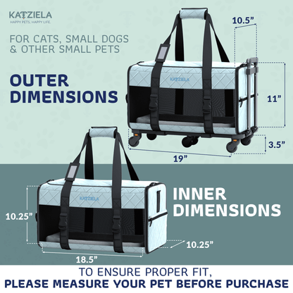 Quilted pet carrier with telescopic handle and rolling wheels, light blue and gray