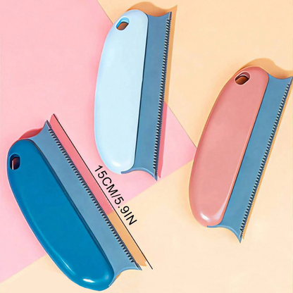 Pet hair remover brushes, blue and red handles with black ridged teeth
