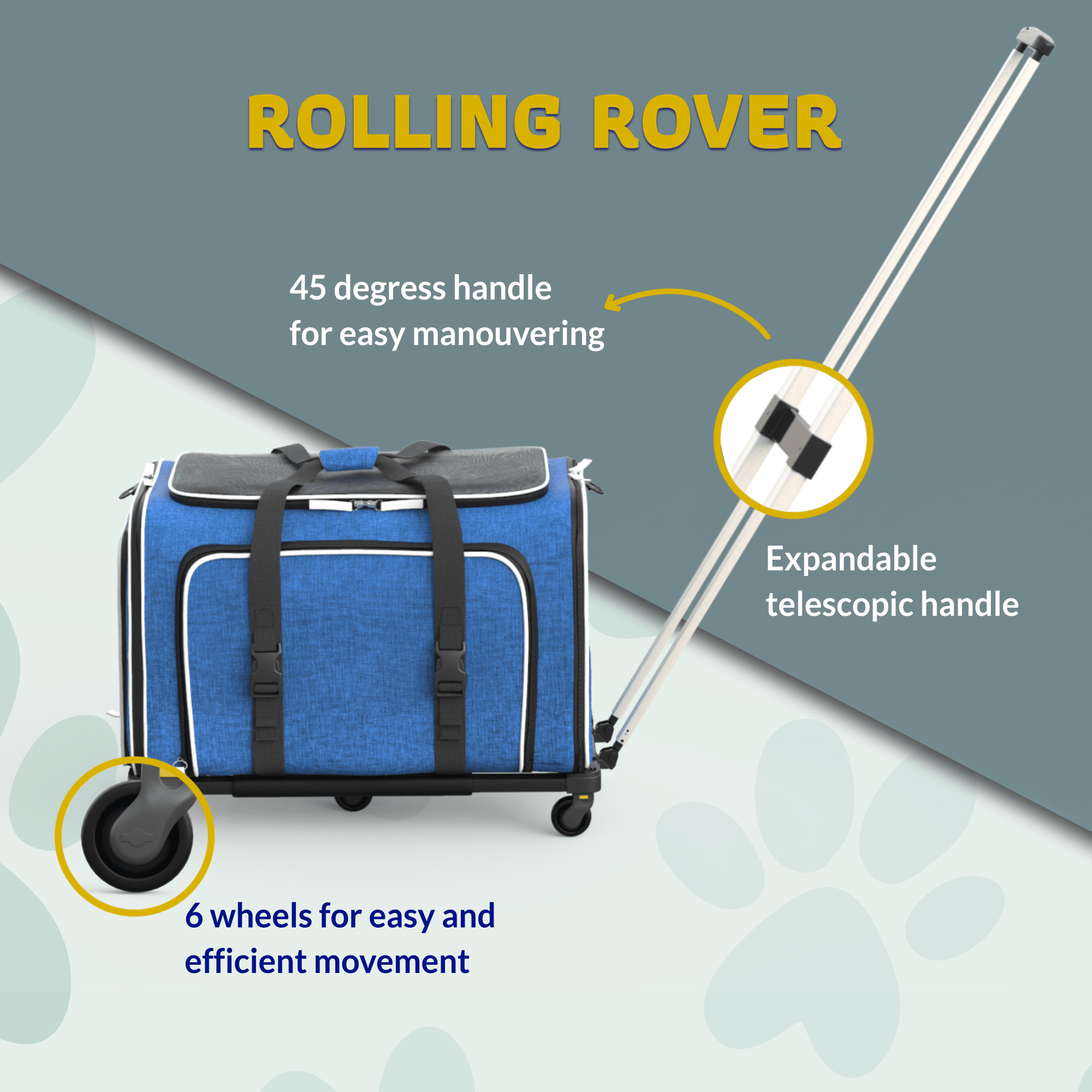 Expandable rolling pet carrier with telescopic handle and 6-wheel base, blue accents