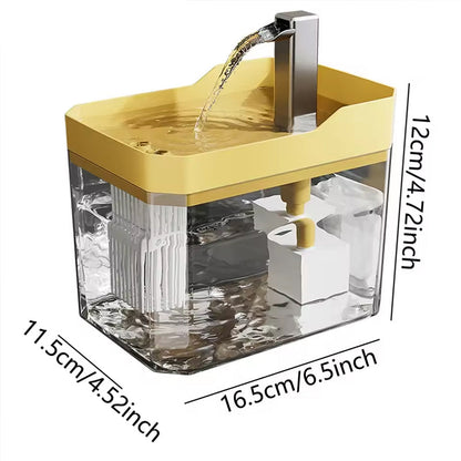 Yellow tray transparent cat water fountain with stainless spout, with size dimensions