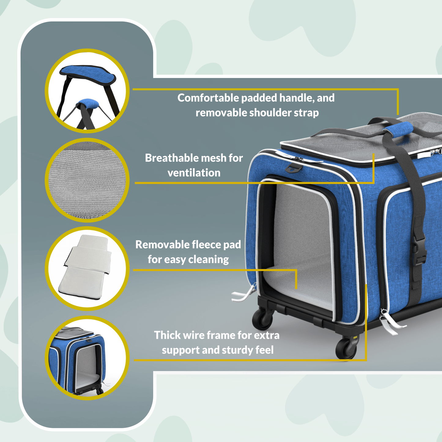 Expandable pet carrier features: padded handle, mesh ventilation, removable fleece pad, blue