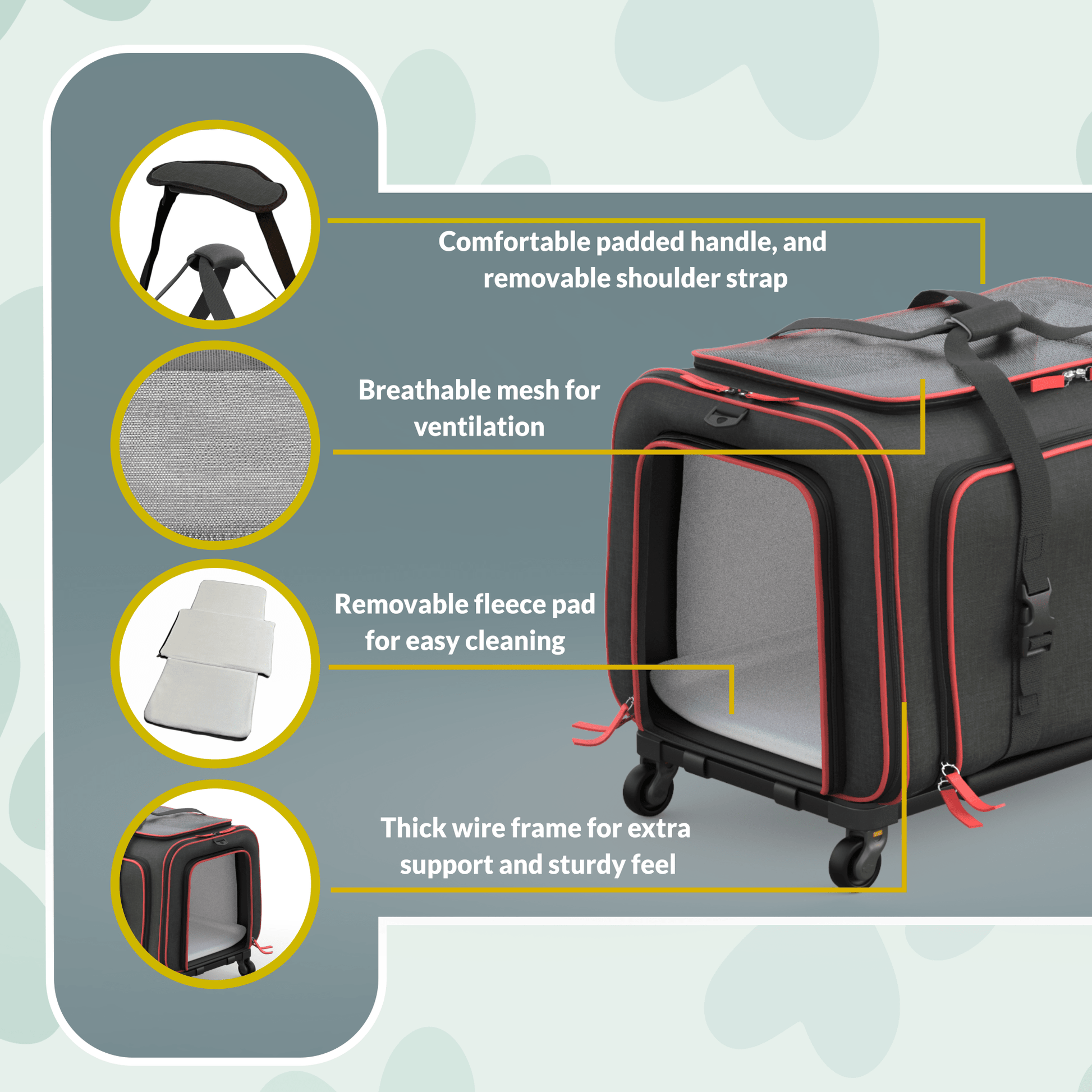 Gray wheeled pet carrier with red trim, padded handle, mesh ventilation panel, removable fleece pad