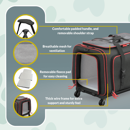 Gray wheeled pet carrier with red trim, padded handle, mesh ventilation panel, removable fleece pad