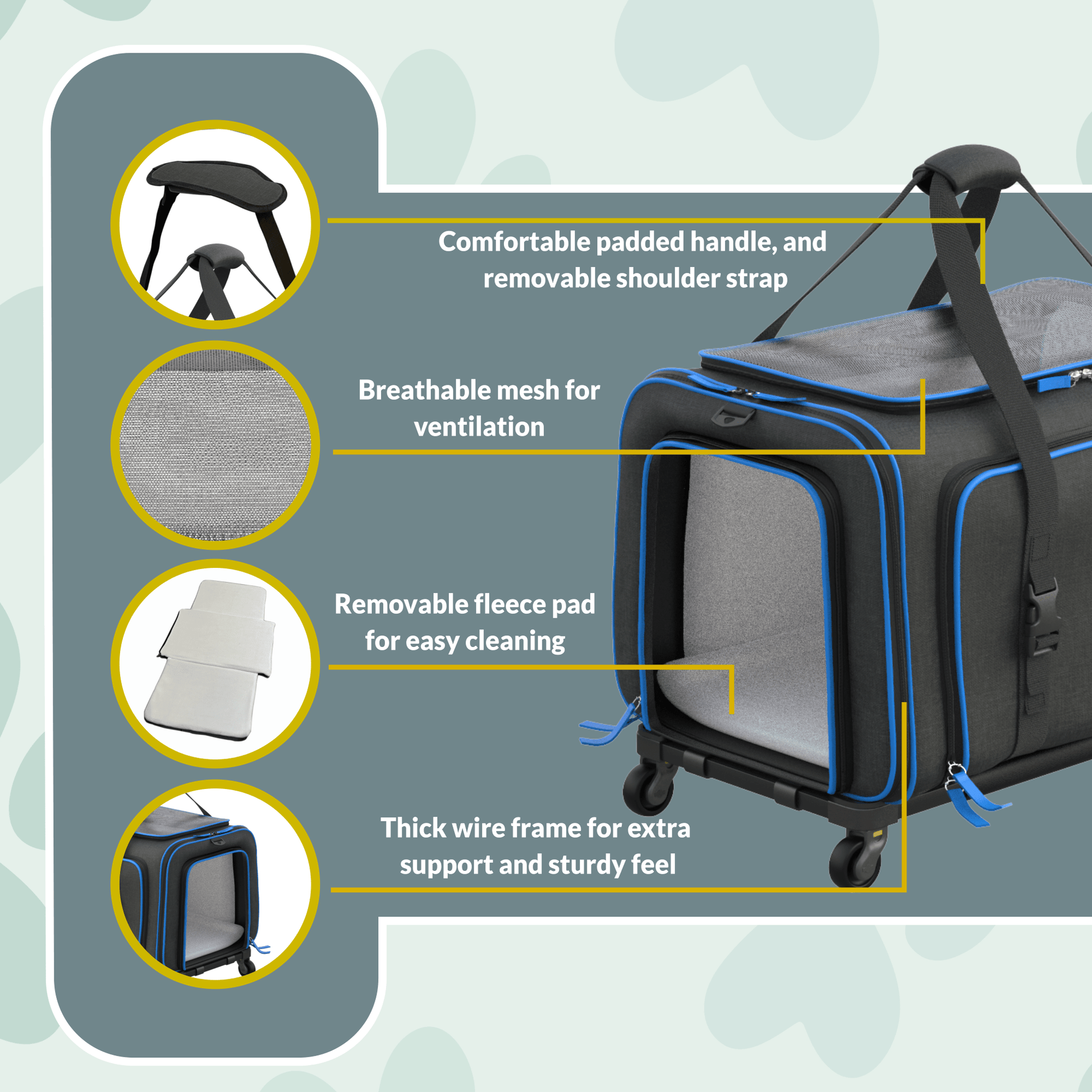 Expandable wheeled pet carrier feature callouts: padded handle, mesh ventilation, removable fleece pad
