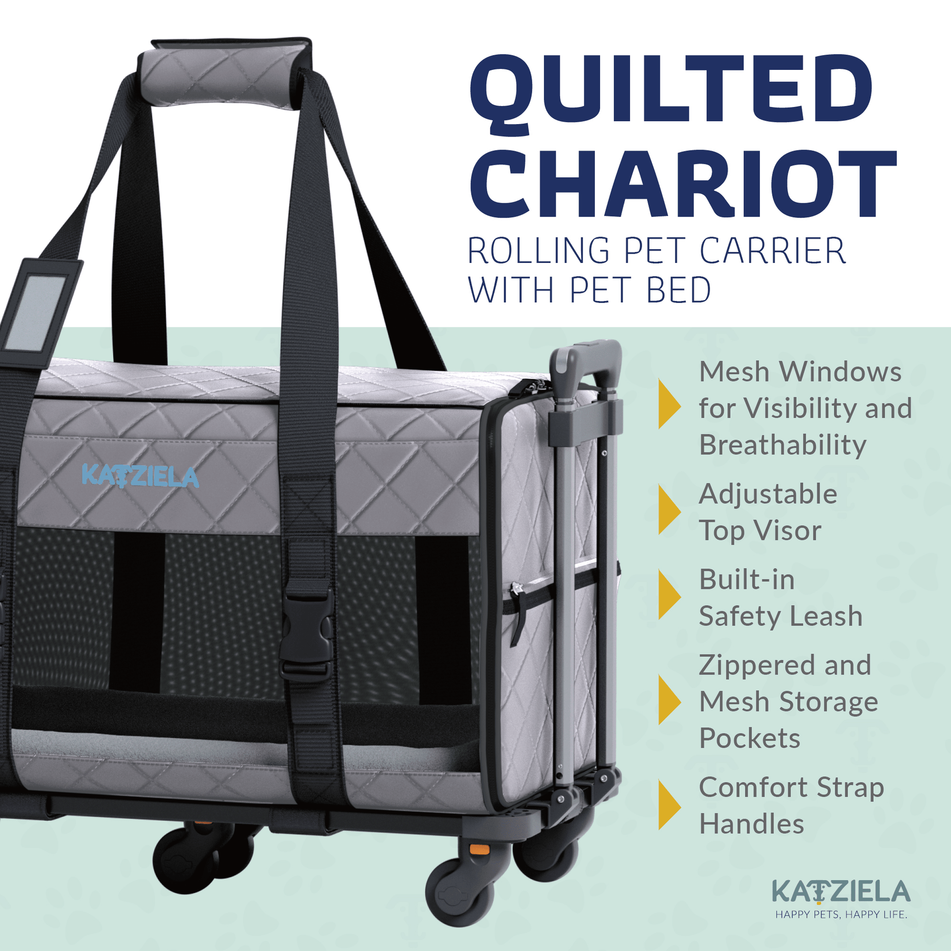 Quilted rolling pet carrier with mesh windows and top visor, black and dark gray
