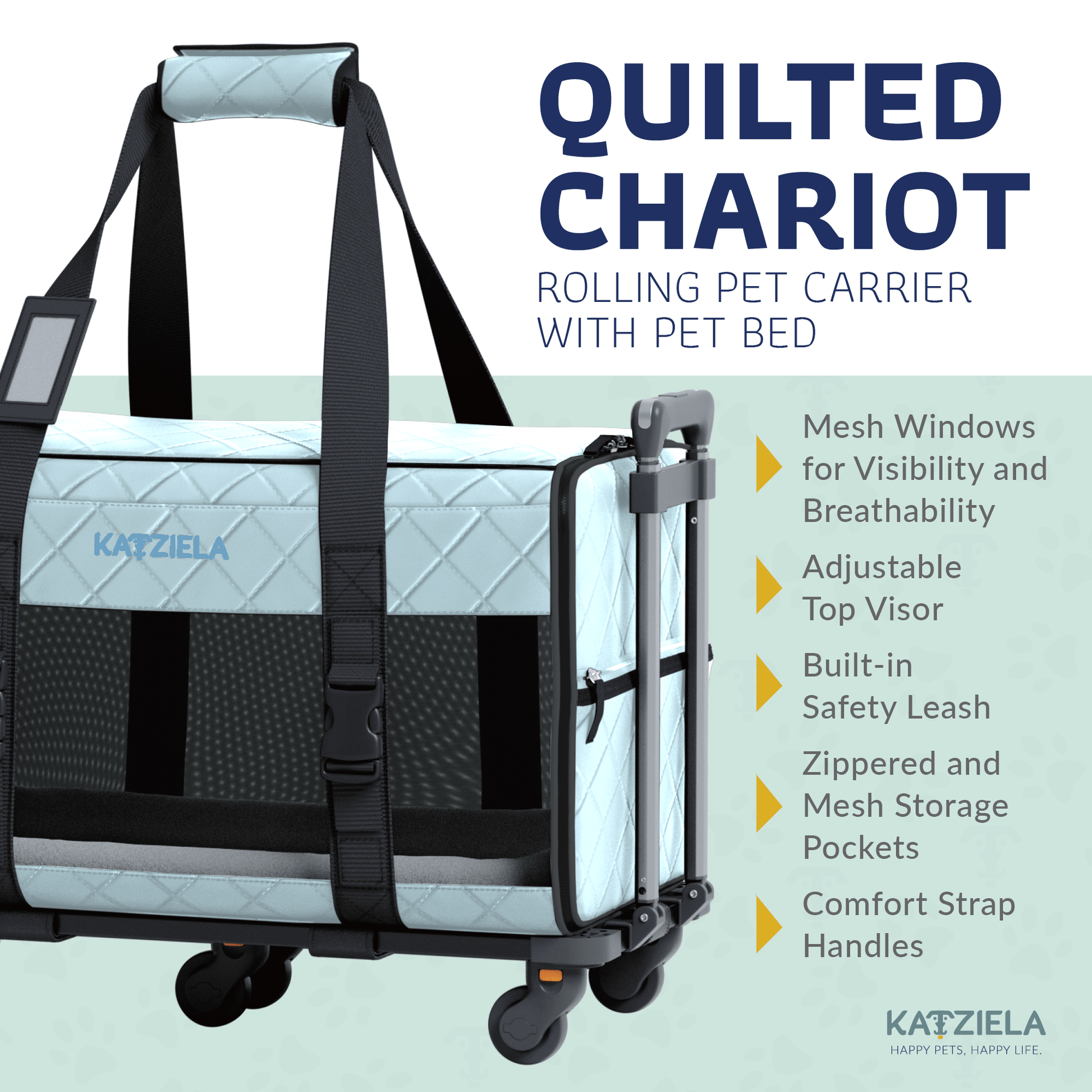 Quilted rolling pet carrier with mesh windows and top visor, light blue and gray