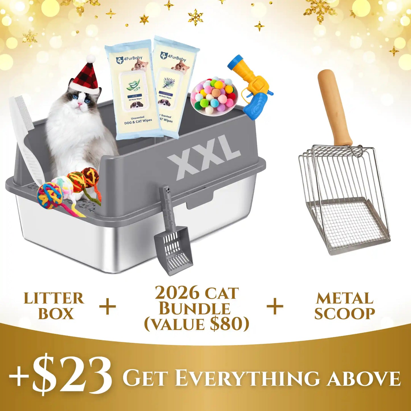 Gray XXL stainless steel cat litter box with front door and metal scoop