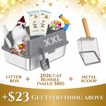 Gray XXL stainless steel cat litter box with front door and metal scoop