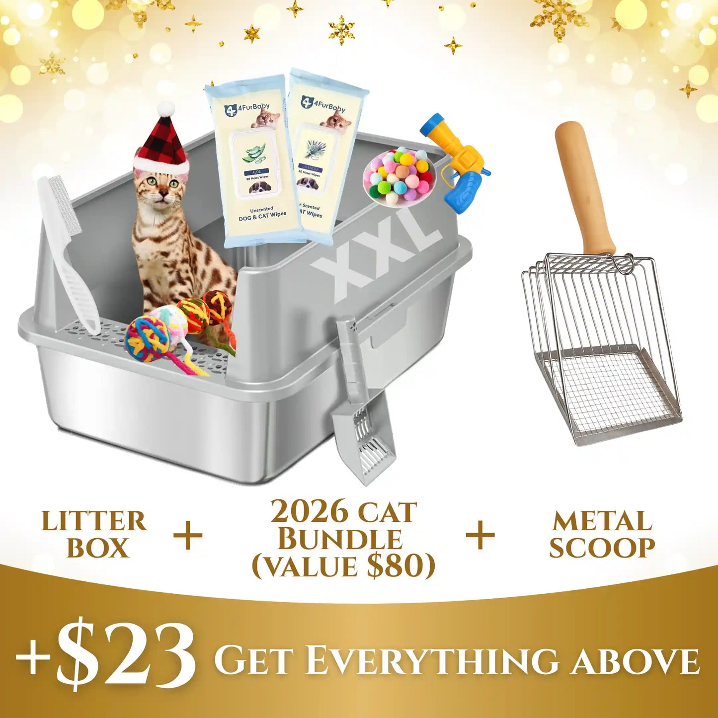 Gray XXL stainless steel cat litter box with open front door and metal scoop