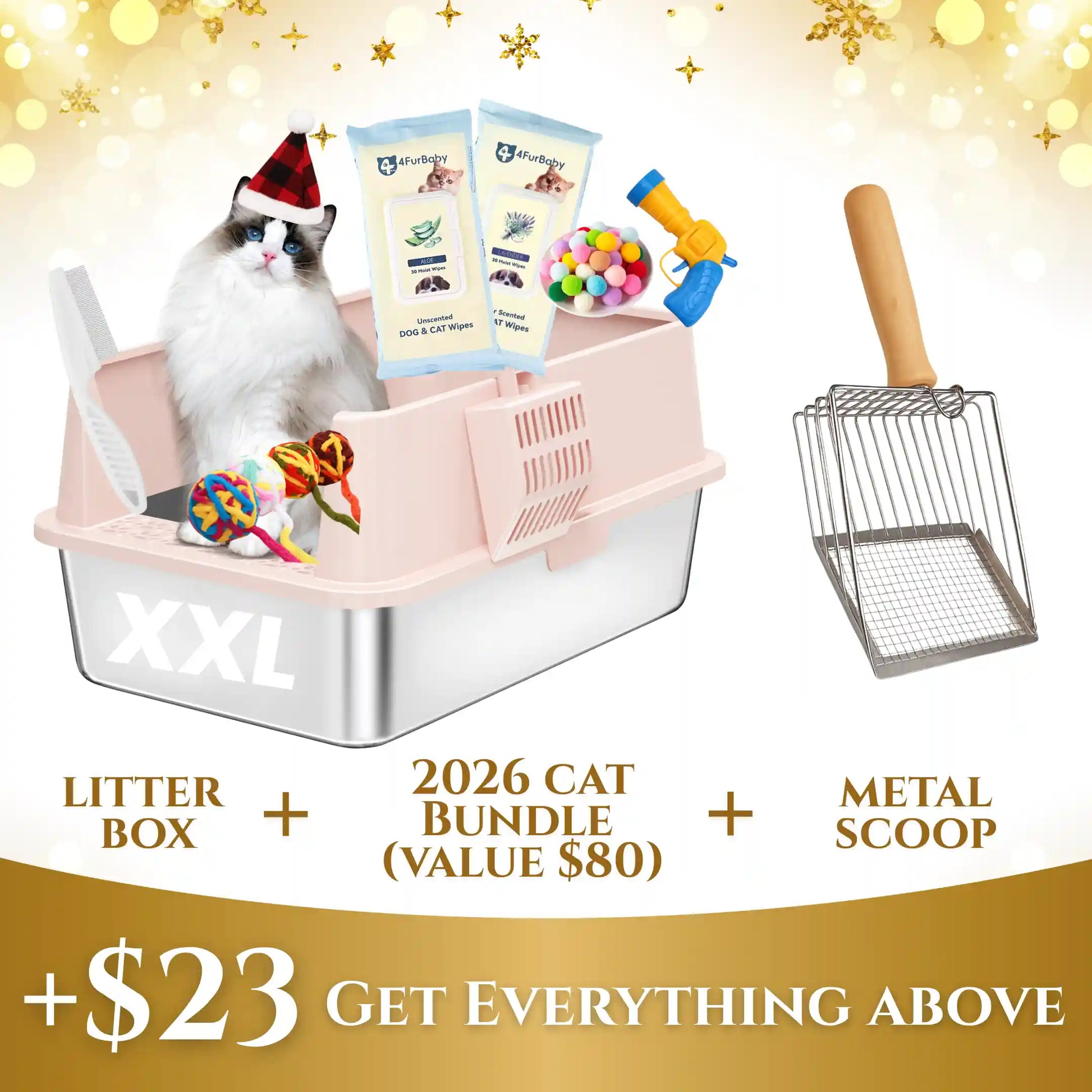 Pink XXL stainless steel cat litter box with front door and metal scoop
