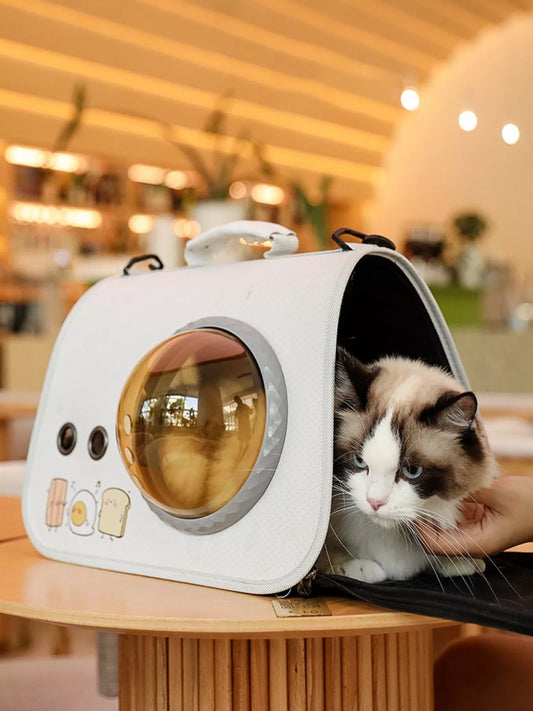 White portable pet carrier bag with round bubble window and open front flap