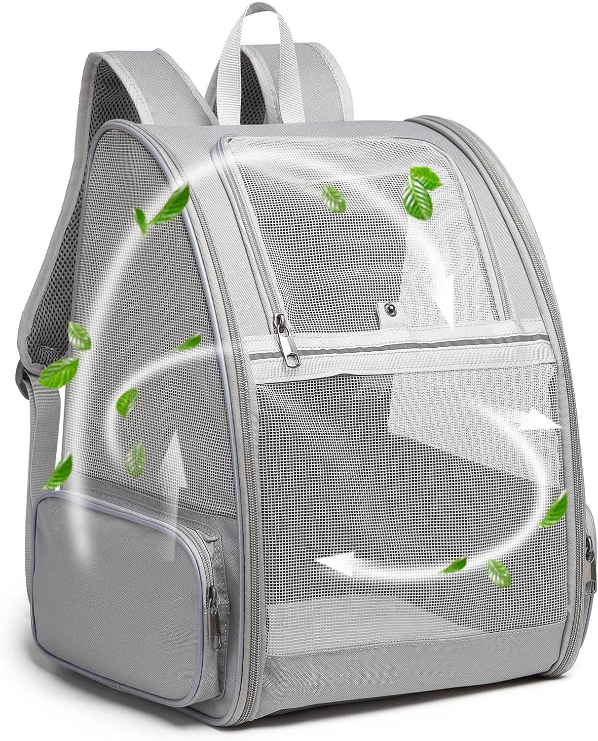 Cream bubble pet travel carrier with clear mesh front and decorative leaf pattern