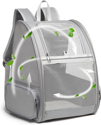 Cream bubble pet travel carrier with clear mesh front and decorative leaf pattern