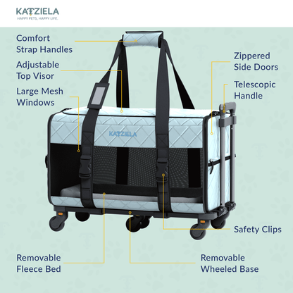 Quilted pet carrier on rolling wheels with adjustable top and telescopic handle, light blue