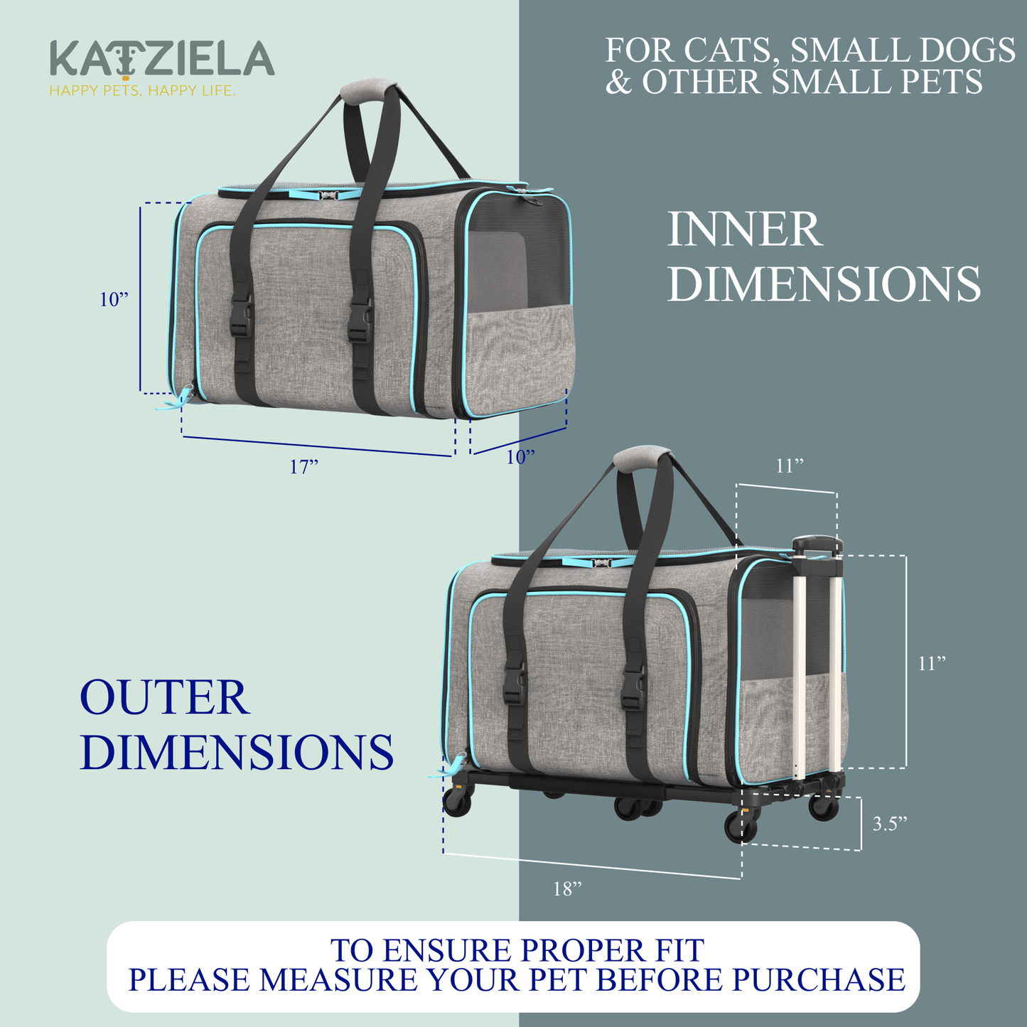 Gray and blue rolling pet carrier diagram view with wheeled base and double handles