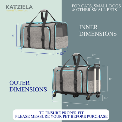Gray and blue rolling pet carrier diagram view with wheeled base and double handles
