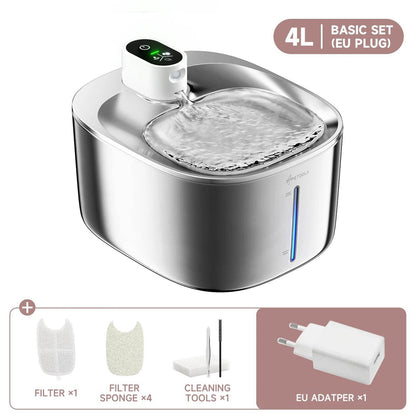 Stainless steel 4L cordless pet water fountain with filters, cleaning tools, and EU adapter