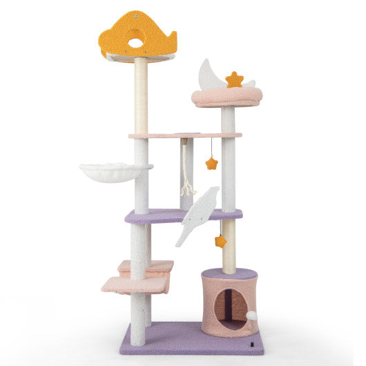 Multi-level cat tree with purple base, sisal scratching posts, platforms, and cat house