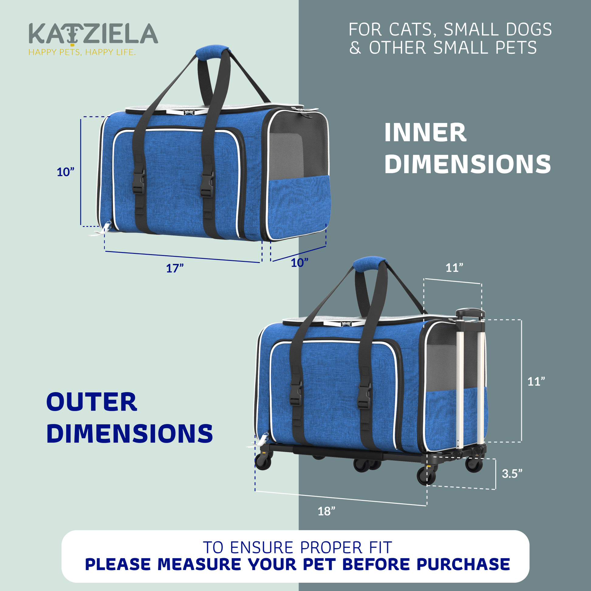 Blue and gray rolling pet carrier with padded handles and wheeled base