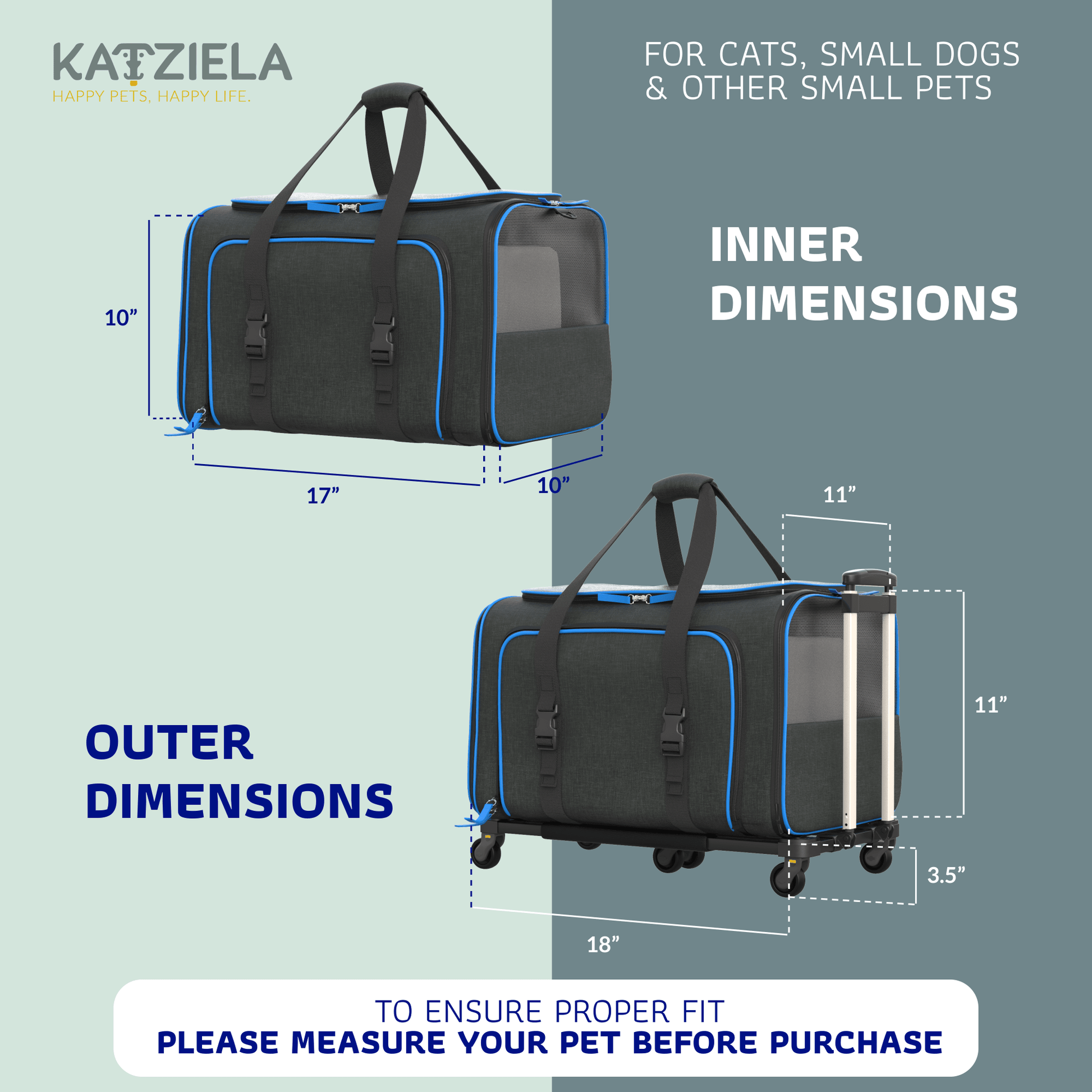 Expandable wheeled pet carrier dimensions diagram: inner and outer size, black with blue trim