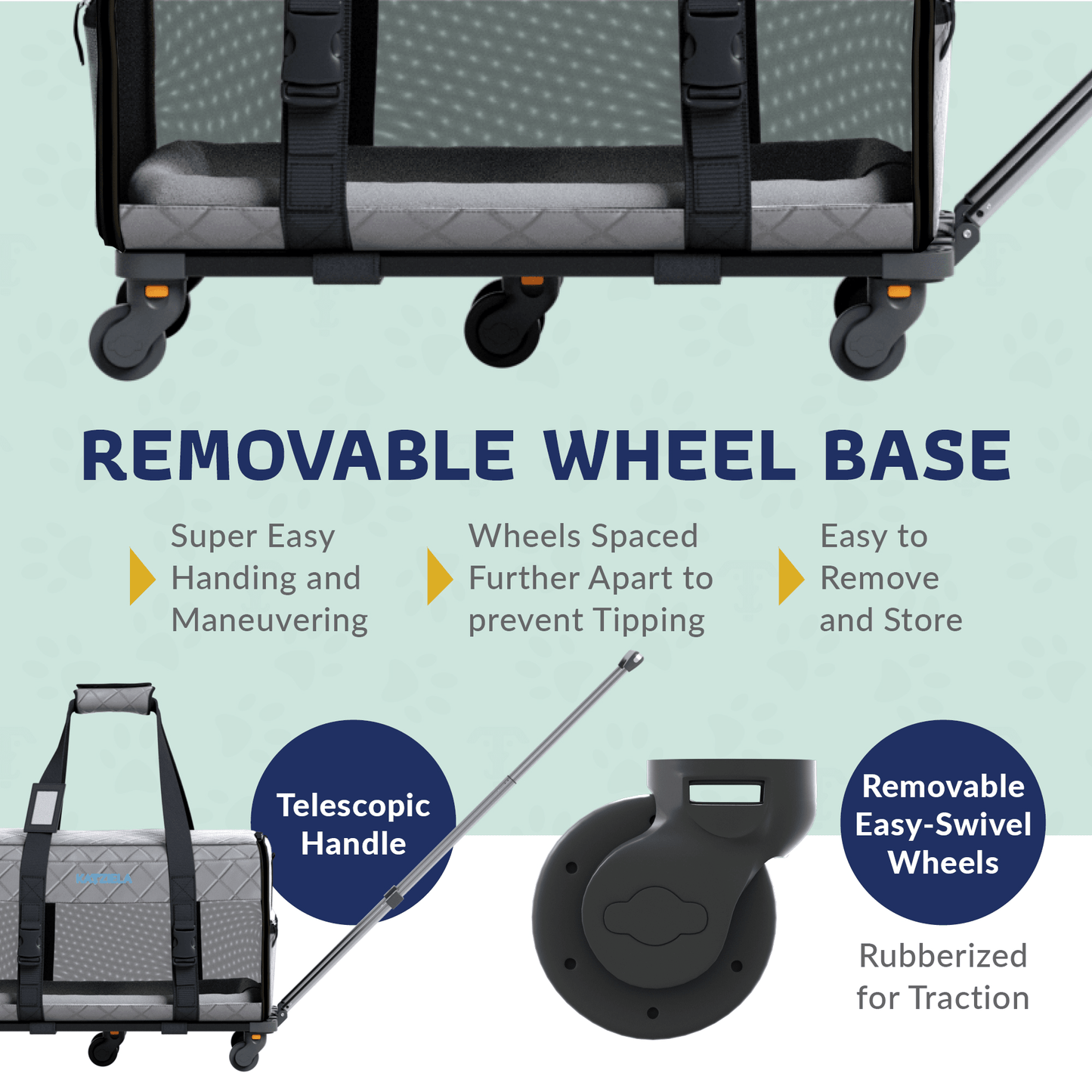 Quilted pet carrier removable wheel base with rubberized wheels, dark gray