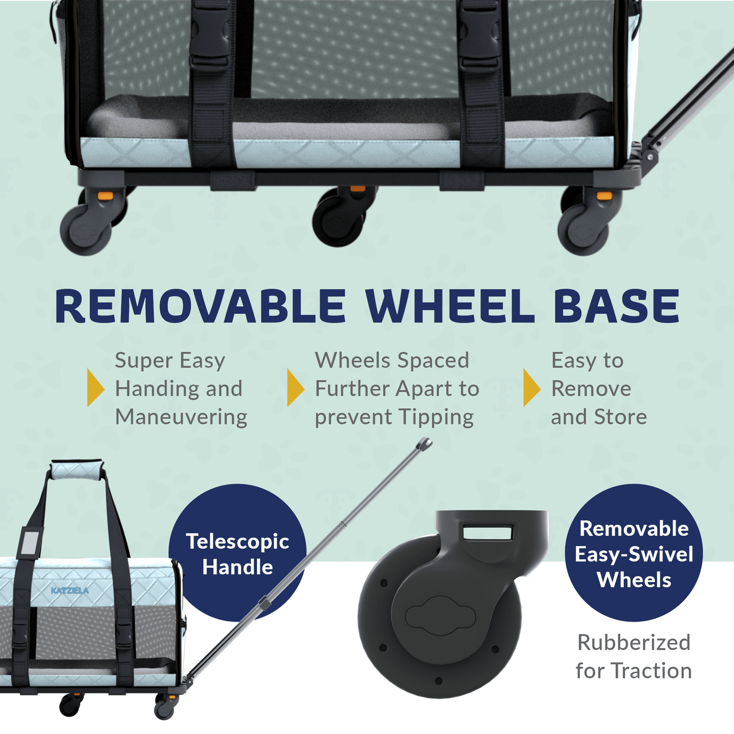 Light blue quilted pet carrier with telescopic handle and removable wheel base