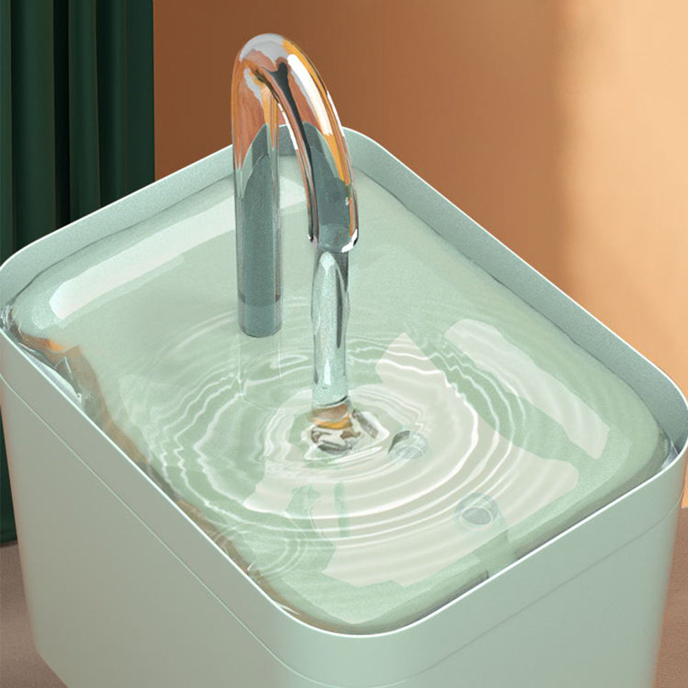 Automatic cat water fountain with clear spout and light green square water basin