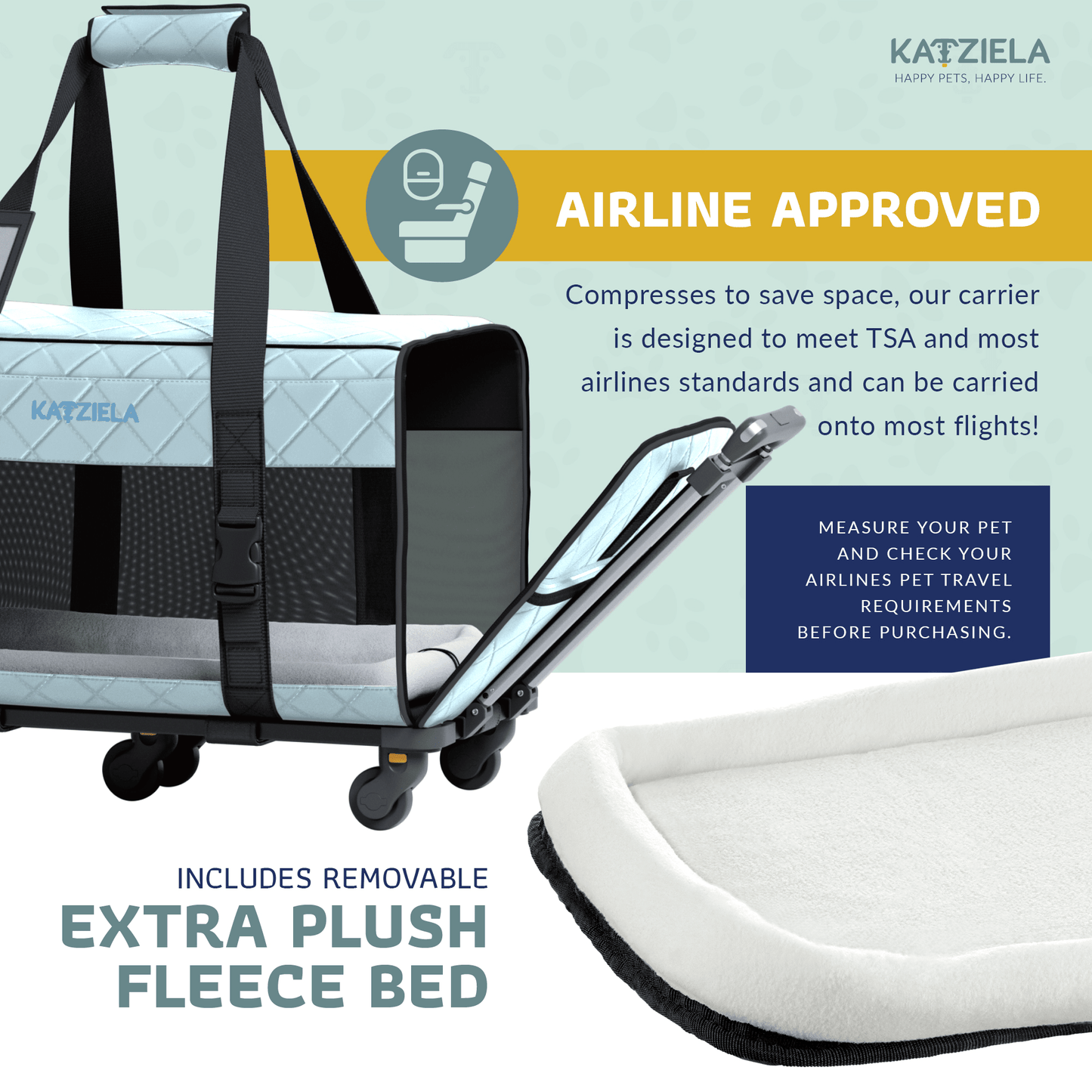 Light blue quilted pet carrier with airline-approved design and plush fleece bed
