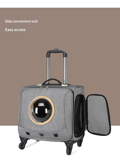 Light gray rolling pet carrier with round bubble window and open side panel pocket