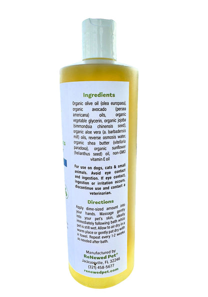 RenewedPet conditioner bottle back label with directions text, clear cap, yellow bottle