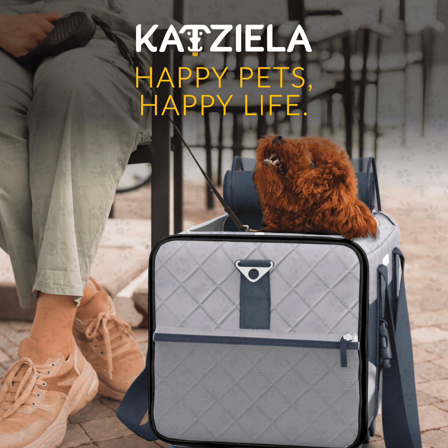 Quilted pet carrier with mesh side opening, telescopic handle, and pet inside, light gray