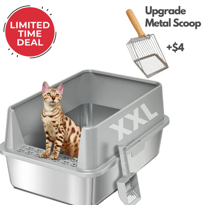 Gray XXL stainless steel cat litter box with front door and metal scoop