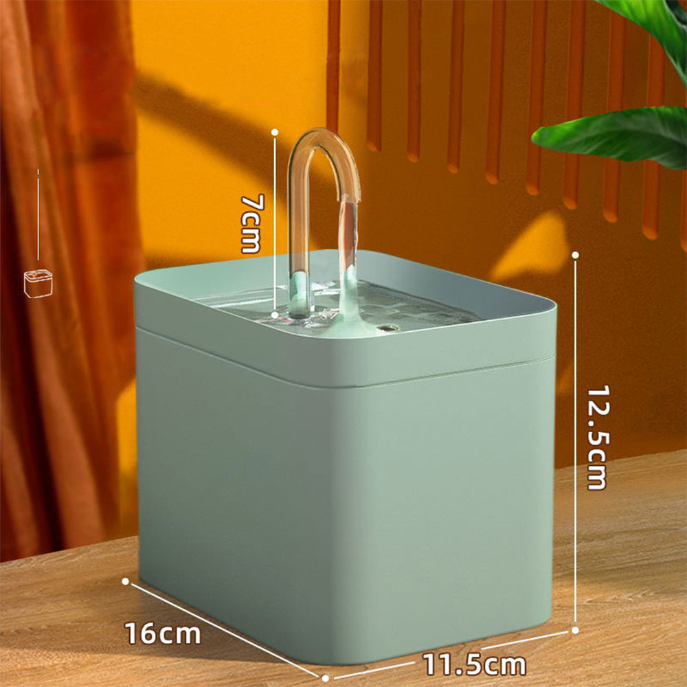 Automatic cat water fountain with curved spout in light green with clear basin