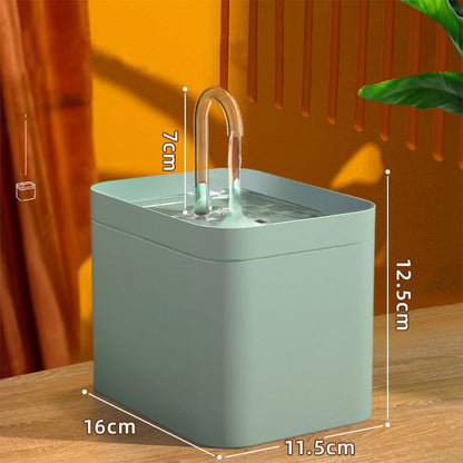 Automatic cat water fountain with curved spout in light green with clear basin