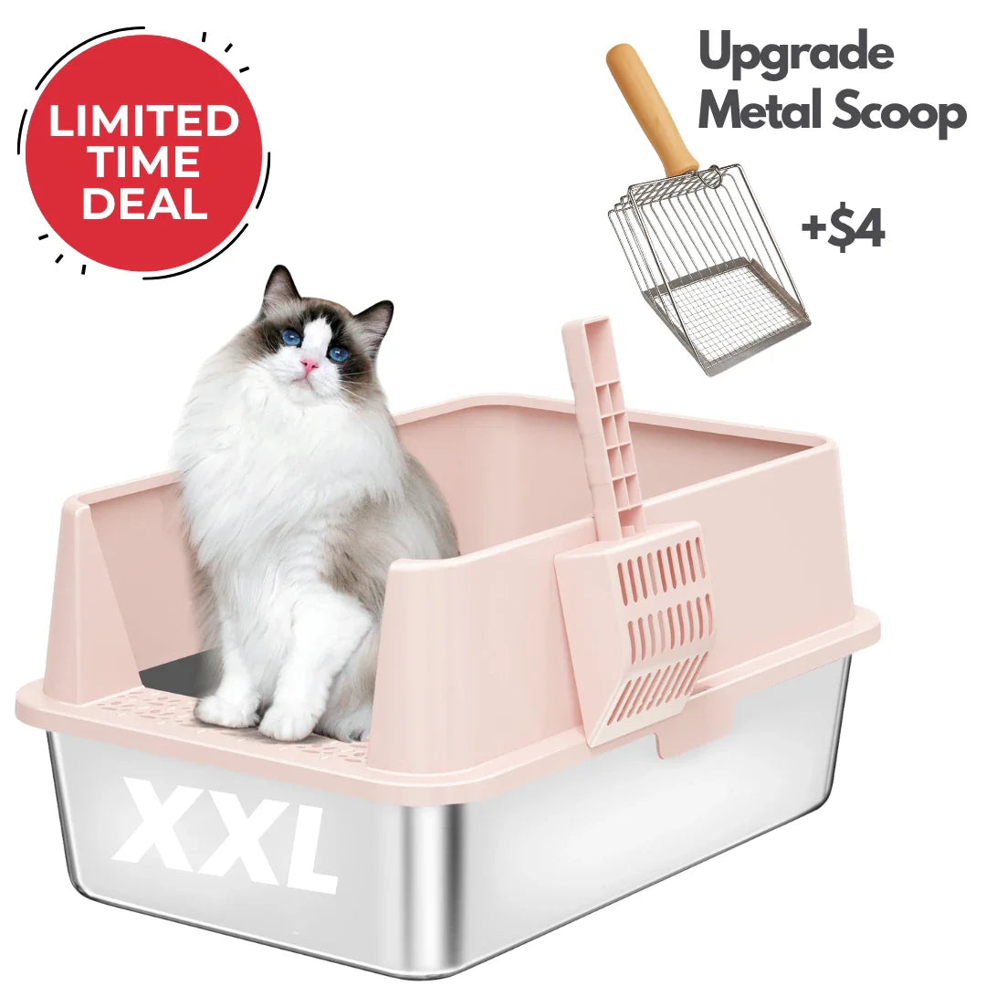 Pink XXL stainless steel cat litter box with side handle and metal scoop