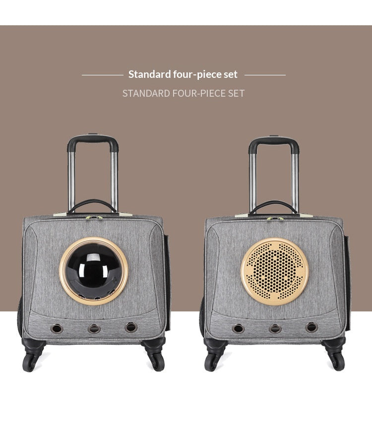 Light gray rolling pet carrier front views with round window and speaker-style vent