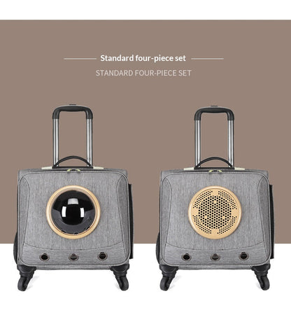 Light gray rolling pet carrier front views with round window and speaker-style vent