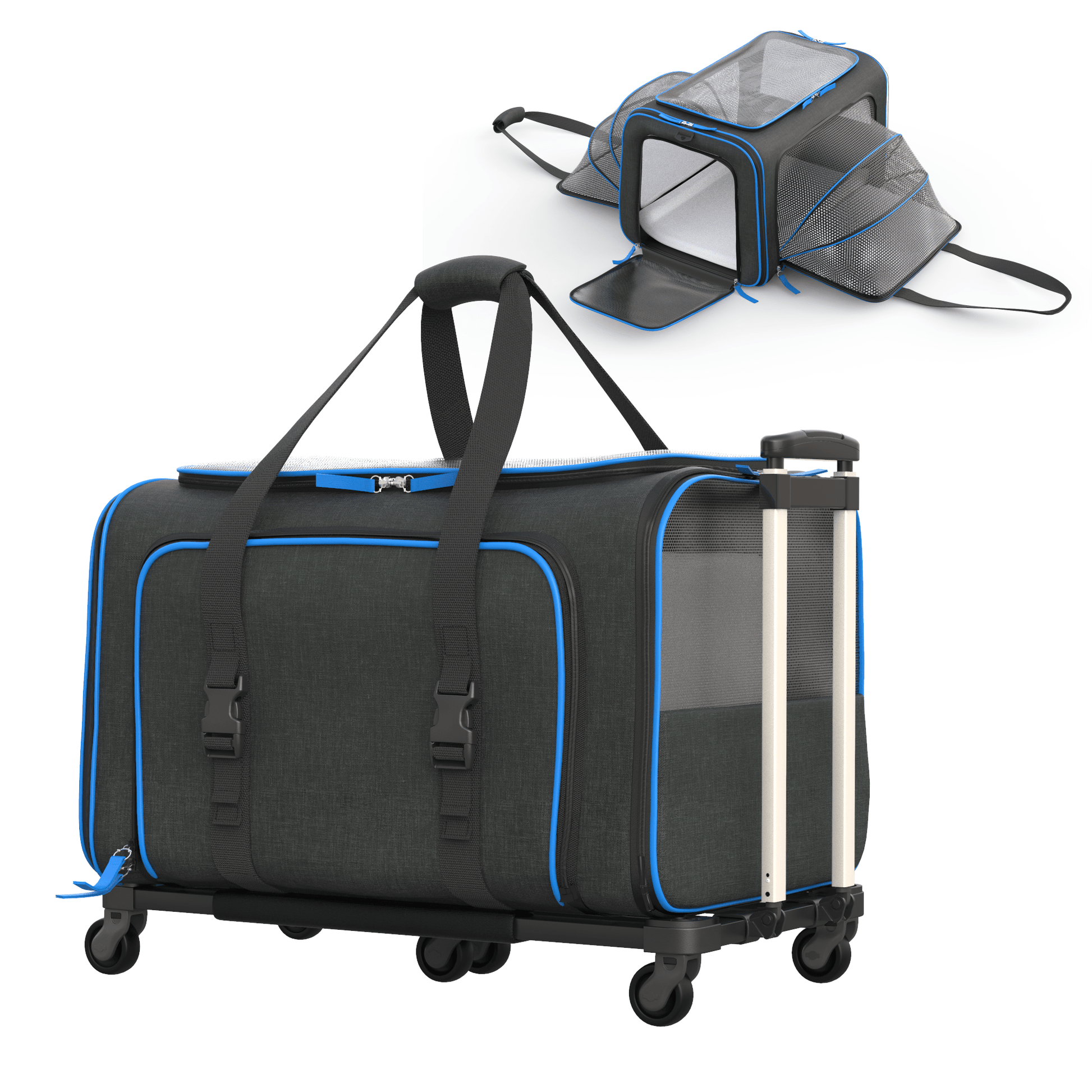 Expandable wheeled pet carrier with telescopic handle, black fabric with blue trim, side zippers
