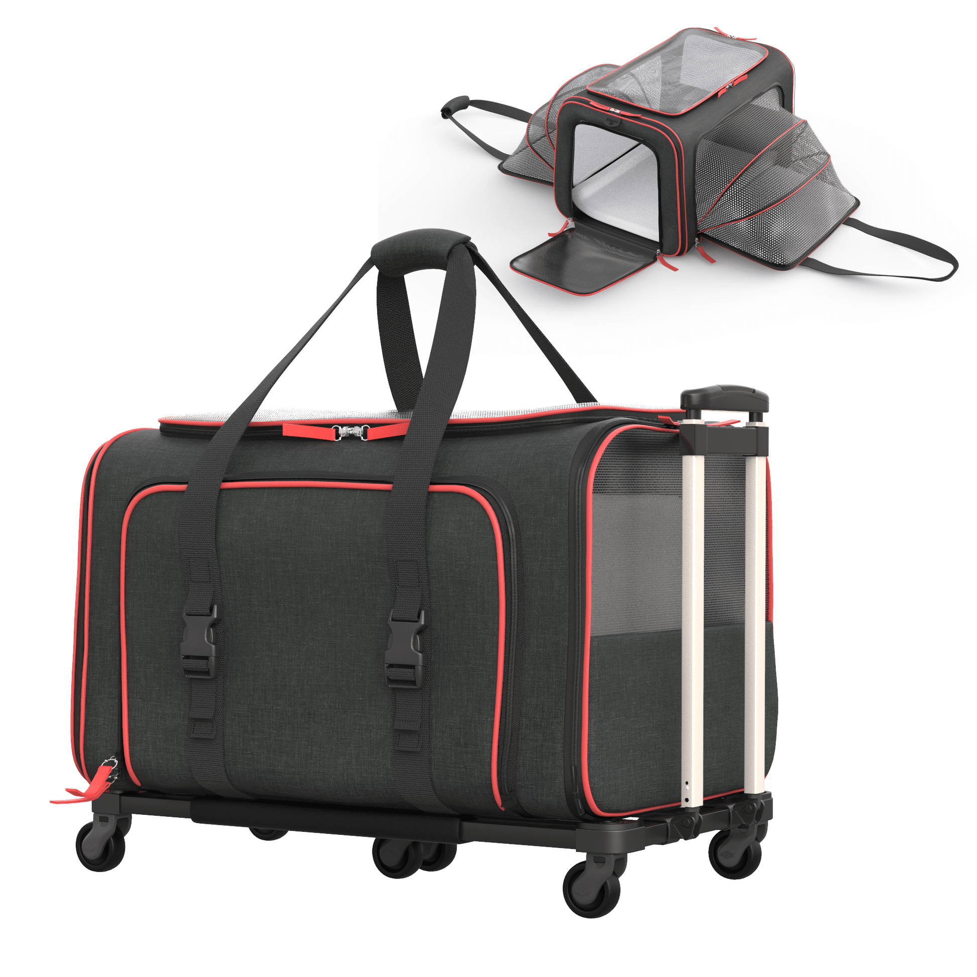 Black and red wheeled pet carrier with clear front window, straps, and telescoping handle