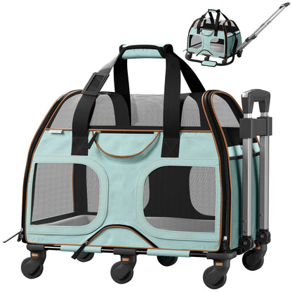 Teal pet carrier with black mesh panels and orange accents, rolling wheels and handle.
