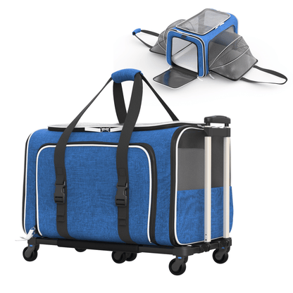 Blue wheeled pet carrier with clear front window, straps, and telescoping handle