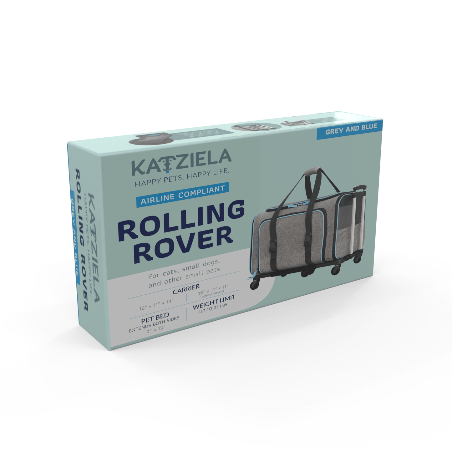 Rolling Rover pet carrier retail box in gray and blue, airline compliant expandable design