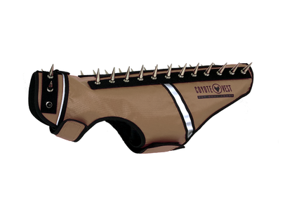 Tan spike-studded cat vest with black trim and metal studs along top edge